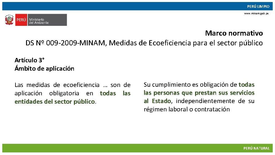 PERÚ LIMPIO www. minam. gob. pe Marco normativo DS Nº 009 -2009 -MINAM, Medidas