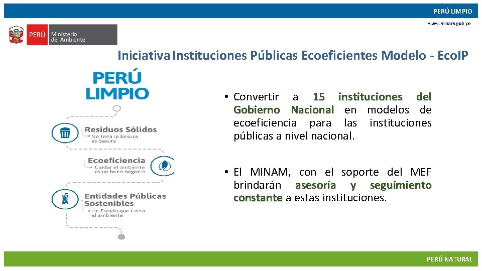 PERÚ LIMPIO www. minam. gob. pe Iniciativa Instituciones Públicas Ecoeficientes Modelo - Eco. IP