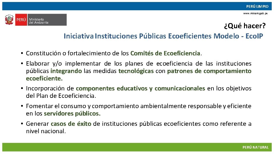 PERÚ LIMPIO www. minam. gob. pe ¿Qué hacer? Iniciativa Instituciones Públicas Ecoeficientes Modelo -