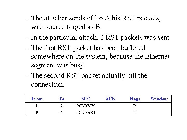 – The attacker sends off to A his RST packets, with source forged as