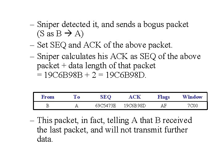 – Sniper detected it, and sends a bogus packet (S as B A) –