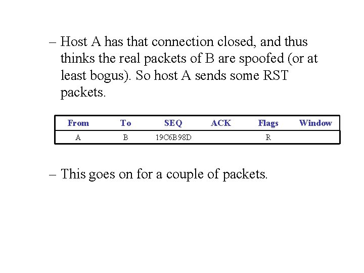 – Host A has that connection closed, and thus thinks the real packets of