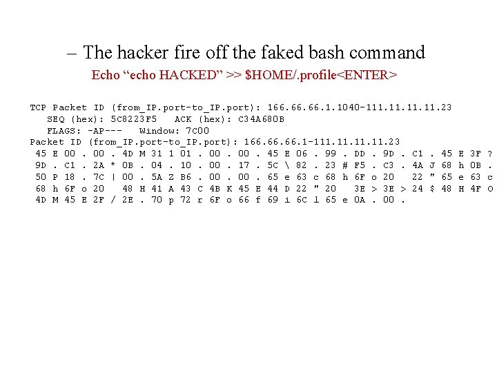 – The hacker fire off the faked bash command Echo “echo HACKED” >> $HOME/.