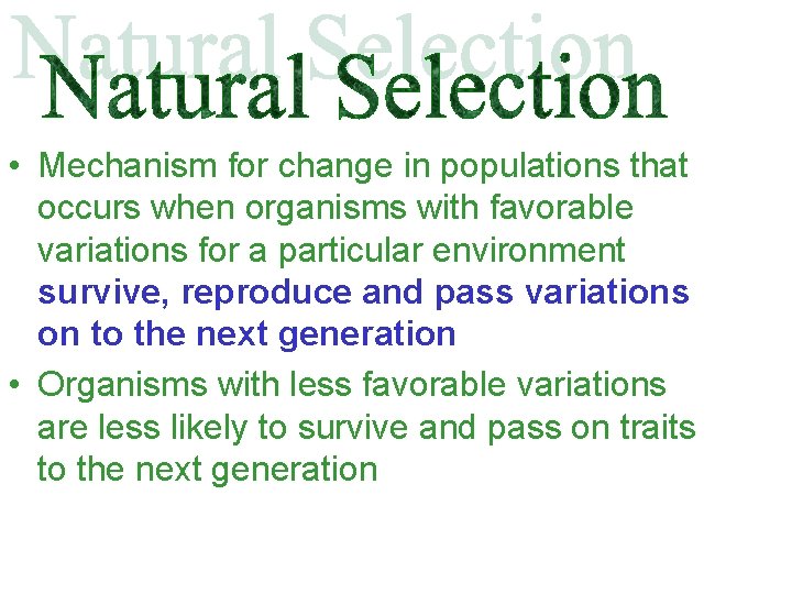  • Mechanism for change in populations that occurs when organisms with favorable variations