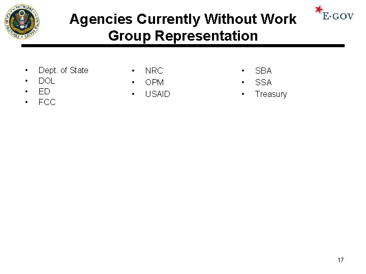 Agencies Currently Without Work Group Representation • • Dept. of State DOL ED FCC