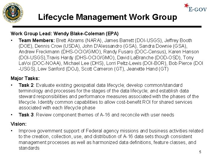 Lifecycle Management Work Group Lead: Wendy Blake-Coleman (EPA) • Team Members: Brett Abrams (NARA),