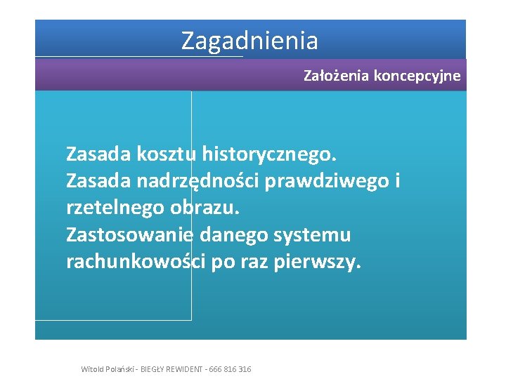 Zagadnienia Założenia koncepcyjne Zasada kosztu historycznego. Zasada nadrzędności prawdziwego i rzetelnego obrazu. Zastosowanie danego