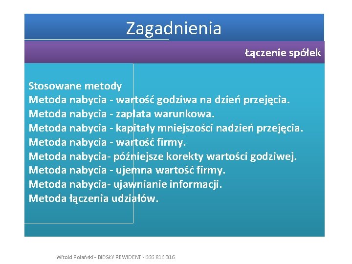 Zagadnienia Łączenie spółek Stosowane metody Metoda nabycia - wartość godziwa na dzień przejęcia. Metoda