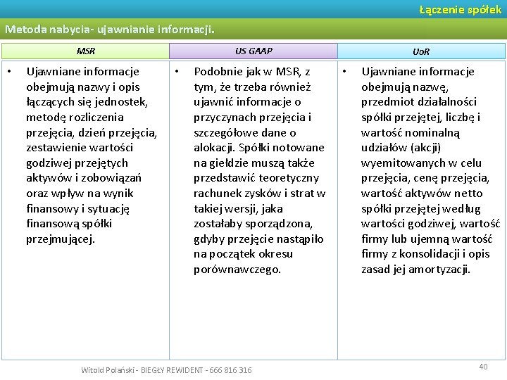 Łączenie spółek Metoda nabycia- ujawnianie informacji. MSR • Ujawniane informacje obejmują nazwy i opis