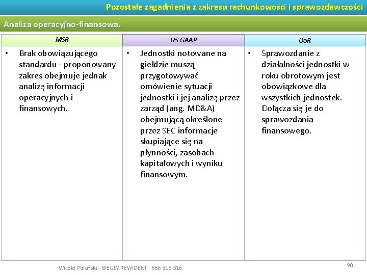 Pozostałe zagadnienia z zakresu rachunkowości i sprawozdawczości Analiza operacyjno-finansowa. MSR • Brak obowiązującego standardu