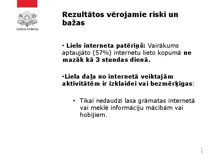 Rezultātos vērojamie riski un bažas • Liels interneta patēriņš: Vairākums aptaujāto (57%) internetu lieto