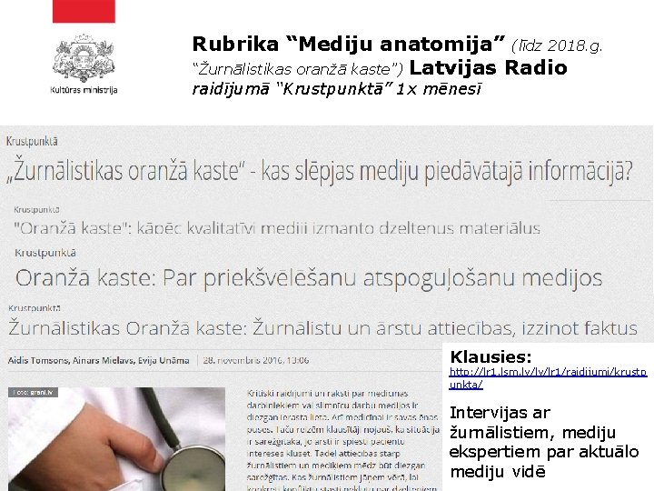 Rubrika “Mediju anatomija” (līdz 2018. g. “Žurnālistikas oranžā kaste”) Latvijas Radio raidījumā “Krustpunktā” 1