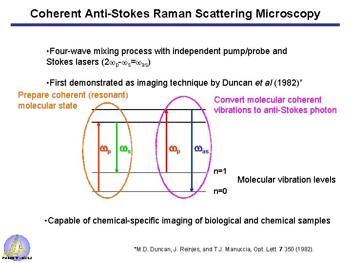 Coherent Anti-Stokes Raman Scattering Microscopy • Four-wave mixing process with independent pump/probe and Stokes