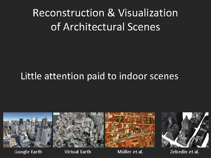 Reconstruction & Visualization of Architectural Scenes Little attention paid to indoor scenes Google Earth