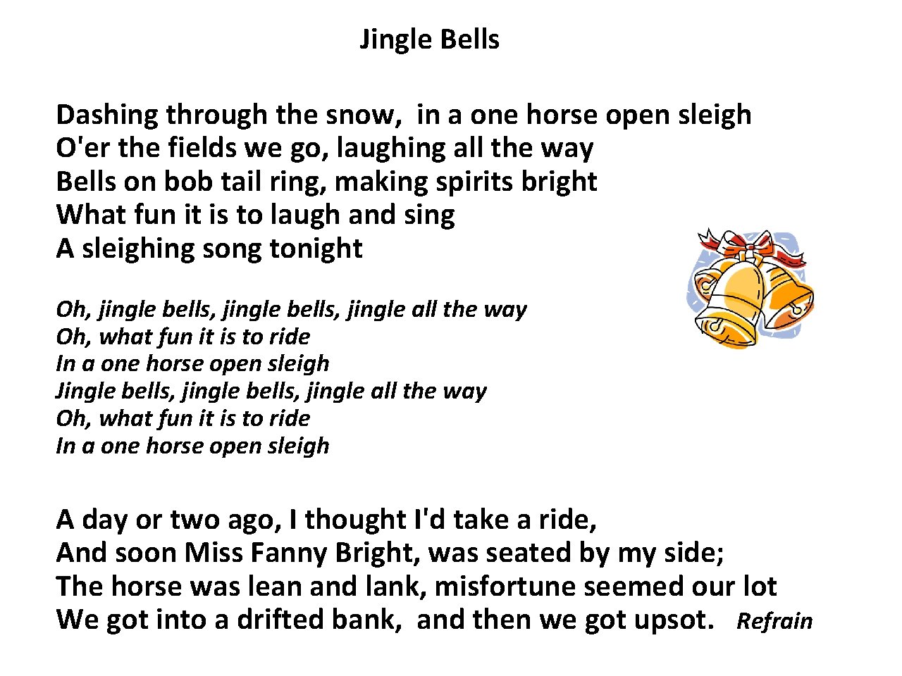 Jingle Bells Dashing through the snow, in a one horse open sleigh O'er the