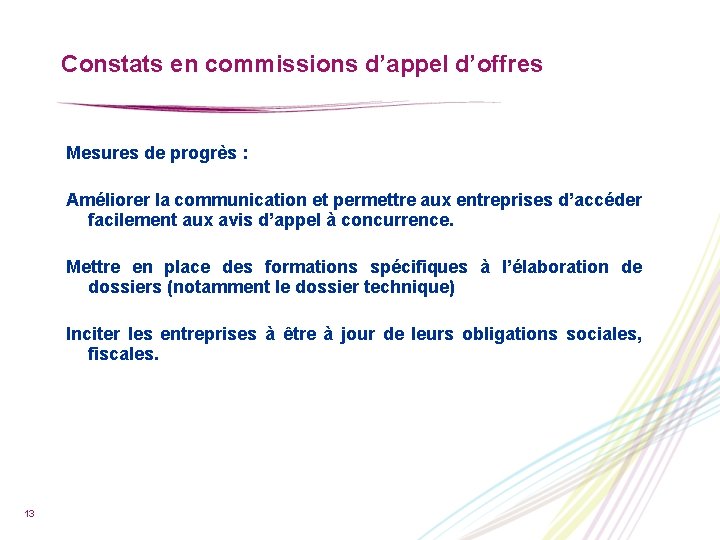 Constats en commissions d’appel d’offres Mesures de progrès : Améliorer la communication et permettre