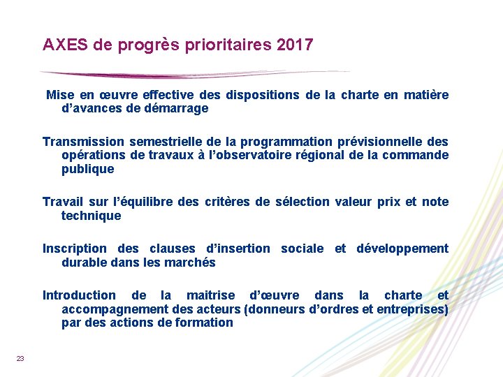 AXES de progrès prioritaires 2017 Mise en œuvre effective des dispositions de la charte