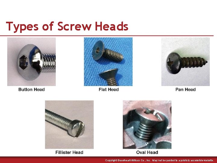 Types of Screw Heads Copyright Goodheart-Willcox Co. , Inc. May not be posted to