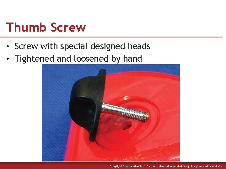 Thumb Screw • Screw with special designed heads • Tightened and loosened by hand