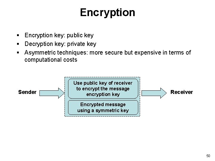 Encryption § Encryption key: public key § Decryption key: private key § Asymmetric techniques: