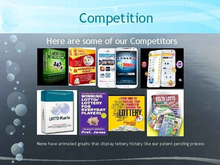 Competition Here are some of our Competitors None have animated graphs that display lottery