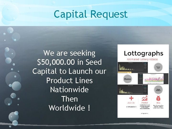 Capital Request We are seeking $50, 000. 00 in Seed Capital to Launch our