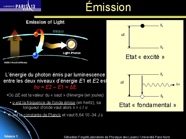 Émission Ee E Ef Etat « excité » L’énergie du photon émis par luminescence