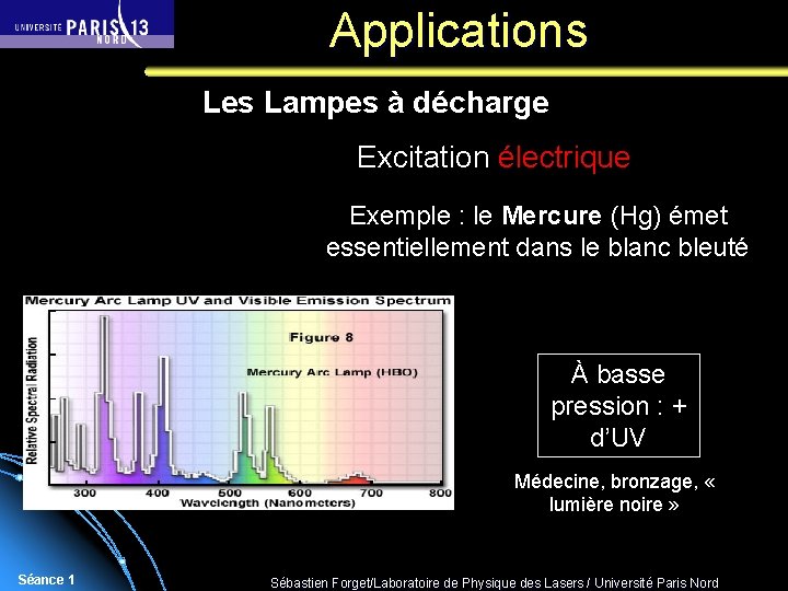 Applications Les Lampes à décharge Excitation électrique Exemple : le Mercure (Hg) émet essentiellement