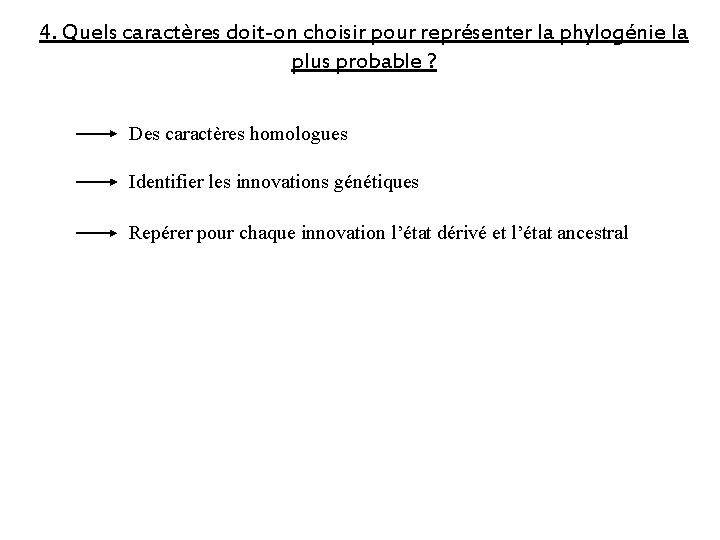 4. Quels caractères doit-on choisir pour représenter la phylogénie la plus probable ? Des