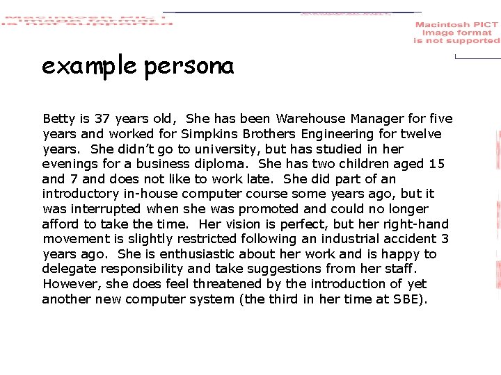 example persona Betty is 37 years old, She has been Warehouse Manager for five