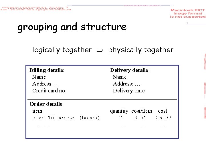 grouping and structure logically together physically together Billing details: Name Address: … Credit card
