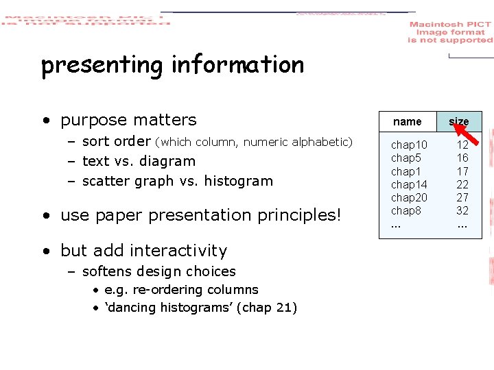 presenting information • purpose matters – sort order (which column, numeric alphabetic) – text