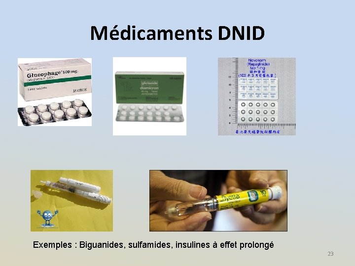 Médicaments DNID Exemples : Biguanides, sulfamides, insulines à effet prolongé 23 