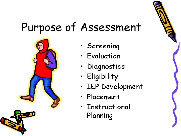 Purpose of Assessment • • Screening Evaluation Diagnostics Eligibility IEP Development Placement Instructional Planning