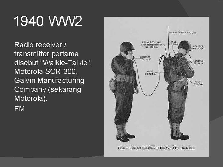 1940 WW 2 Radio receiver / transmitter pertama disebut "Walkie-Talkie“. Motorola SCR-300, Galvin Manufacturing