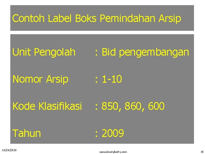 Contoh Label Boks Pemindahan Arsip Unit Pengolah : Bid pengembangan Nomor Arsip : 1