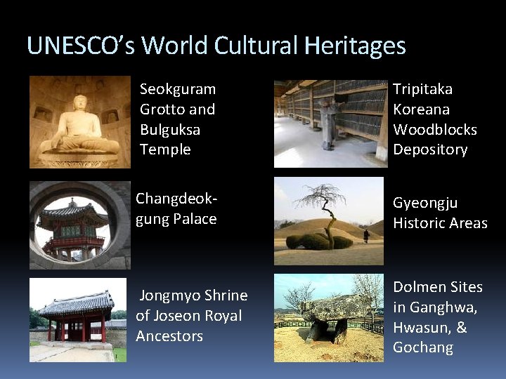 UNESCO’s World Cultural Heritages Seokguram Grotto and Bulguksa Temple Tripitaka Koreana Woodblocks Depository Changdeokgung
