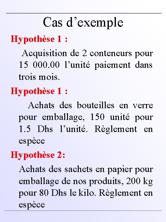 Cas d’exemple Hypothèse 1 : Acquisition de 2 conteneurs pour 15 000. 00 l’unité