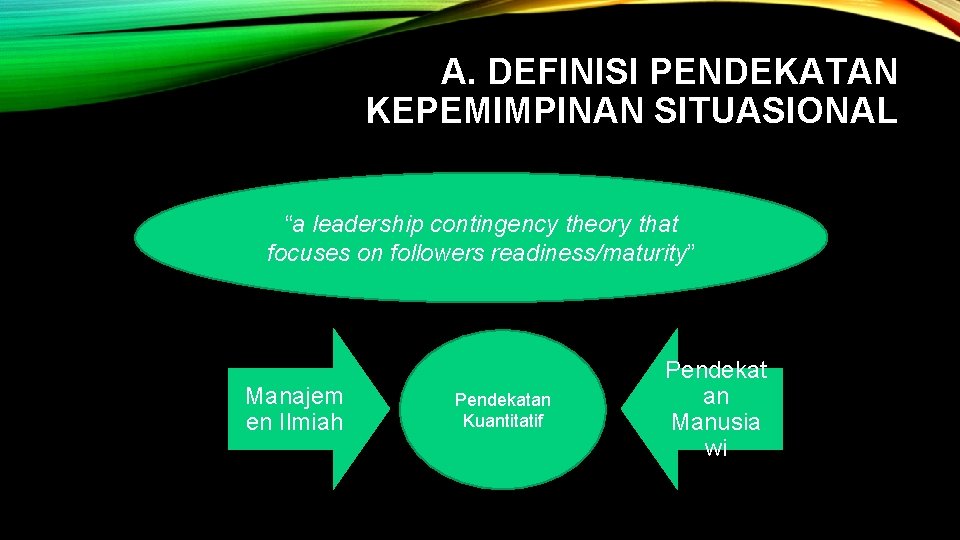 A. DEFINISI PENDEKATAN KEPEMIMPINAN SITUASIONAL “a leadership contingency theory that focuses on followers readiness/maturity”