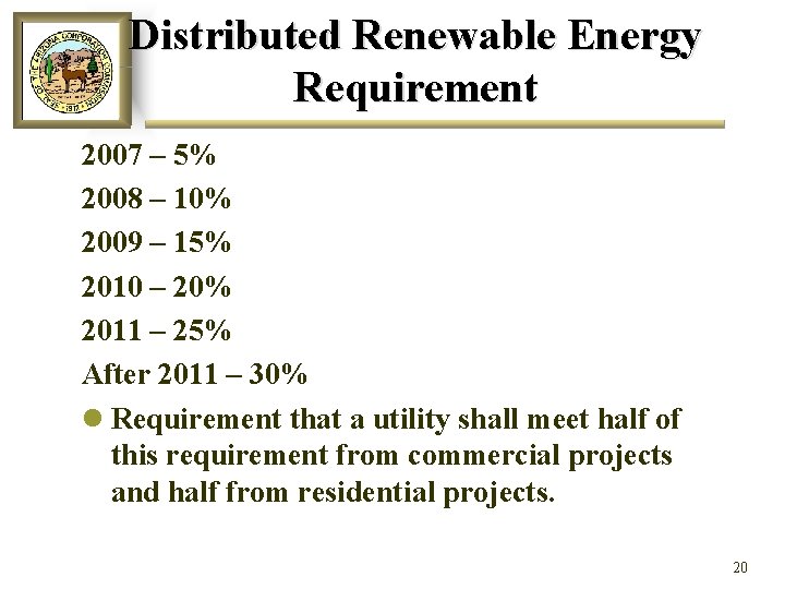 Distributed Renewable Energy Requirement 2007 – 5% 2008 – 10% 2009 – 15% 2010