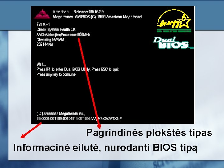 Pagrindinės plokštės tipas Informacinė eilutė, nurodanti BIOS tipą 