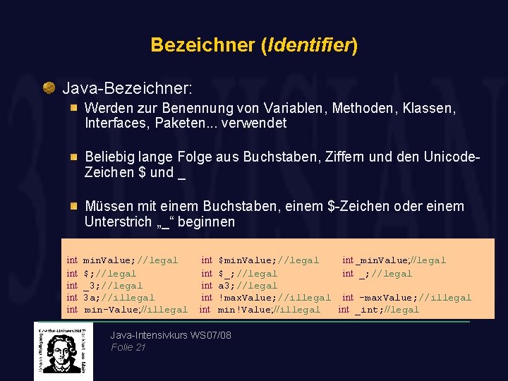 Bezeichner (Identifier) Java-Bezeichner: Werden zur Benennung von Variablen, Methoden, Klassen, Interfaces, Paketen. . .