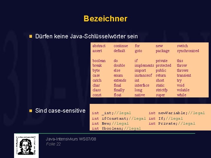 Bezeichner Dürfen keine Java-Schlüsselwörter sein Sind case-sensitive abstract assert continue default for goto new