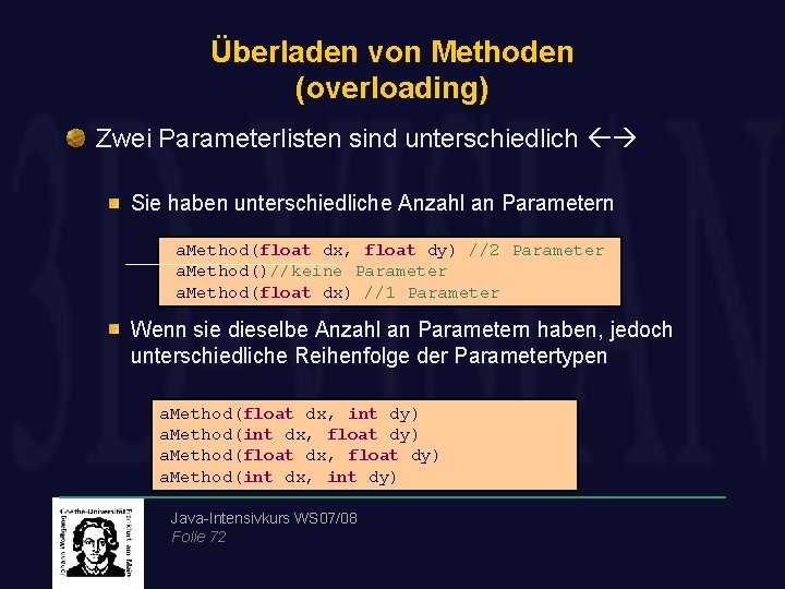 Überladen von Methoden (overloading) Zwei Parameterlisten sind unterschiedlich Sie haben unterschiedliche Anzahl an Parametern