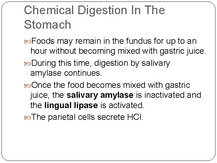 Chemical Digestion In The Stomach Foods may remain in the fundus for up to