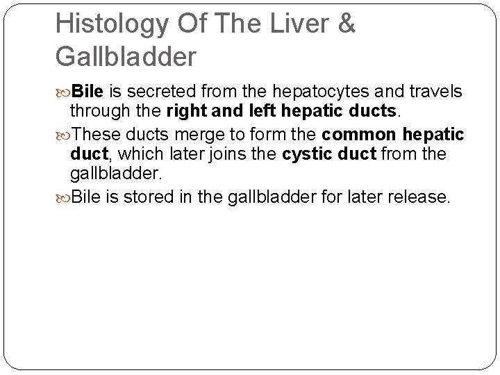 Histology Of The Liver & Gallbladder Bile is secreted from the hepatocytes and travels