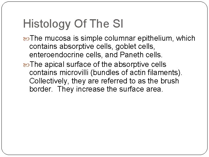 Histology Of The SI The mucosa is simple columnar epithelium, which contains absorptive cells,