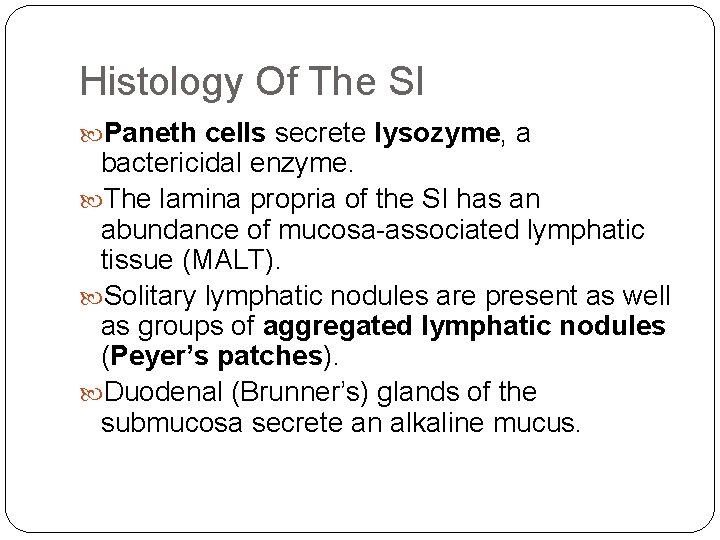 Histology Of The SI Paneth cells secrete lysozyme, a bactericidal enzyme. The lamina propria