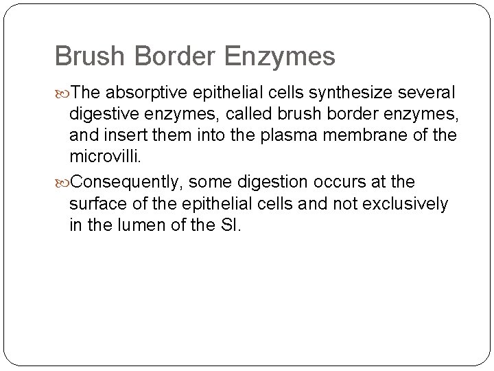 Brush Border Enzymes The absorptive epithelial cells synthesize several digestive enzymes, called brush border