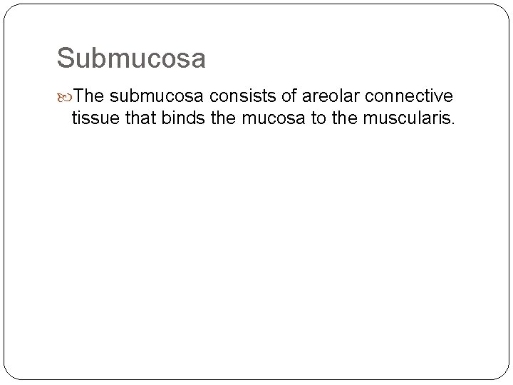 Submucosa The submucosa consists of areolar connective tissue that binds the mucosa to the